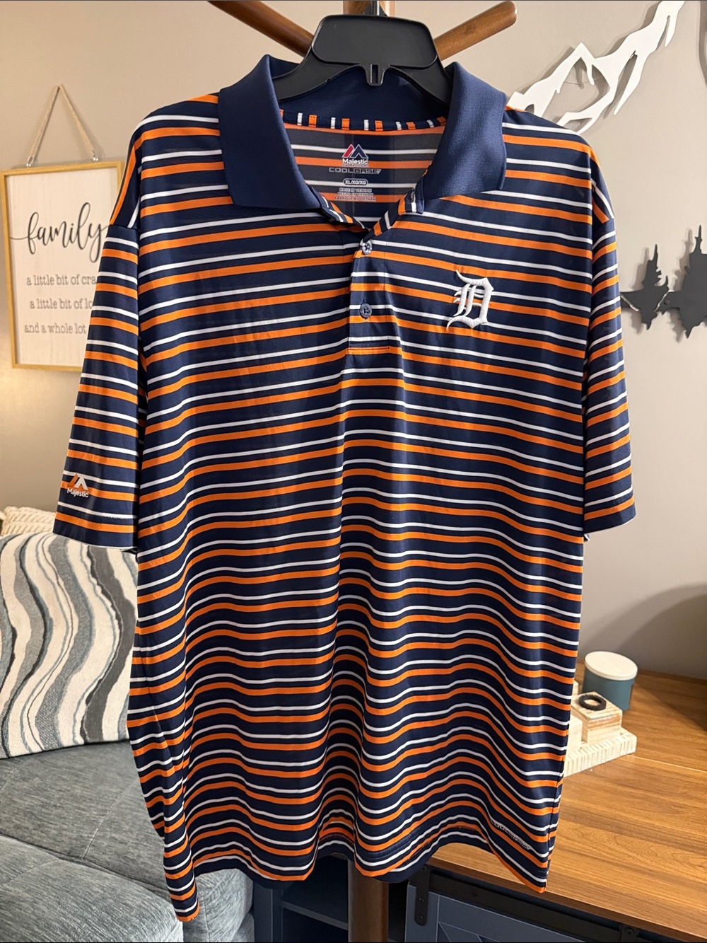Detroit Tigers Majestic Navy & Orange Striped Polo